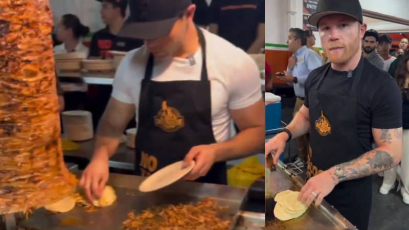 Saúl Álvarez cambia los guantes por el mandil y prepara unos tacos para los clientes de su hermano