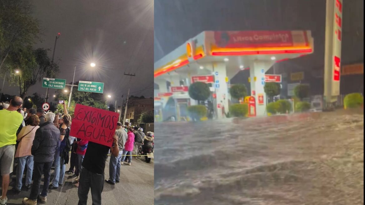 Vecinos bloquean Tlalpan por falta de agua y cae una intensa tormenta que ocasiona inundaciones