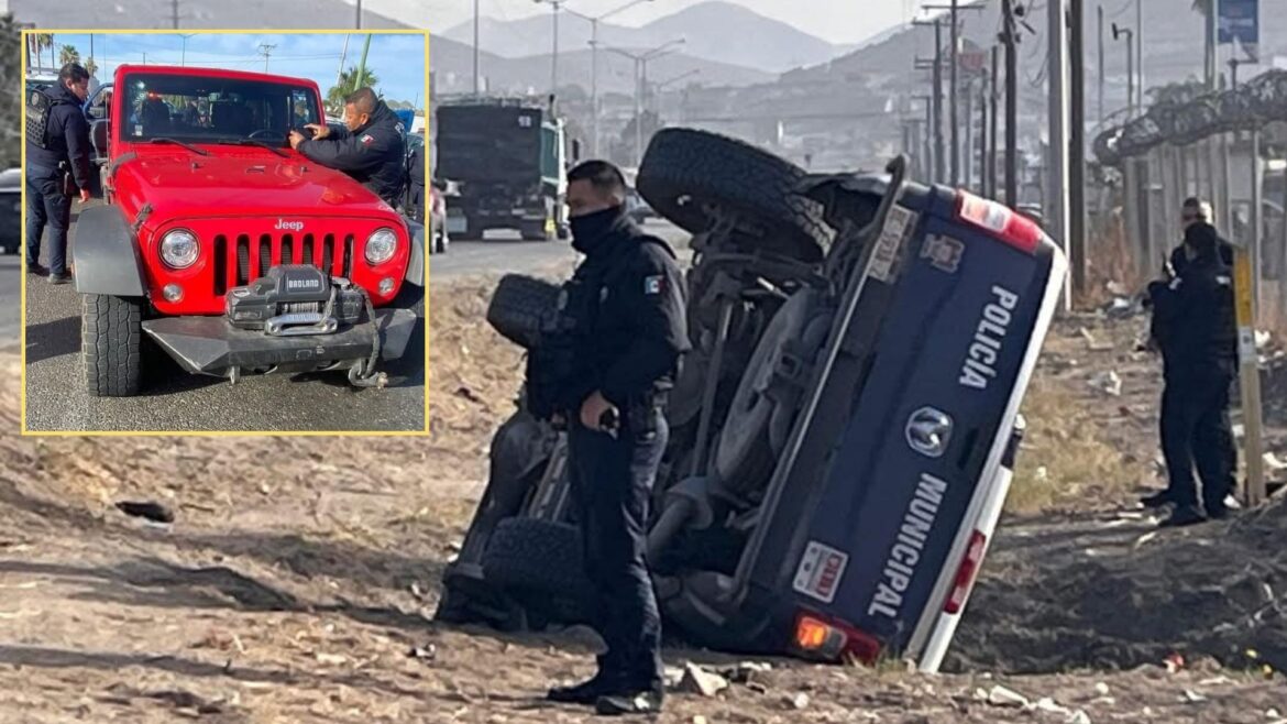 Patrulla vuelca en Tijuana durante persecución que termina con la detención de conductor de camioneta robada