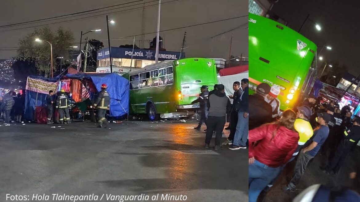 Autobús de ruta 18 se queda sin frenos e impacta puestos de bazar navideño en Tlalnepantla; hay varios heridos