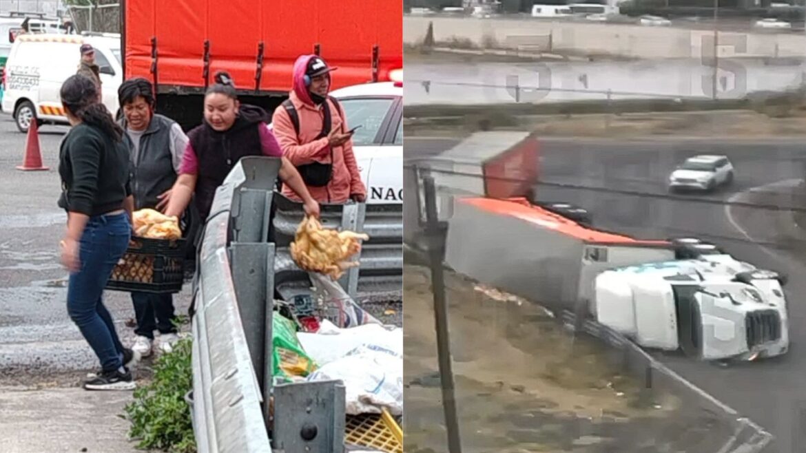 Volcadura de tráiler en Ecatepec provoca caos vial y rapiña de pollo en la México-Pachuca