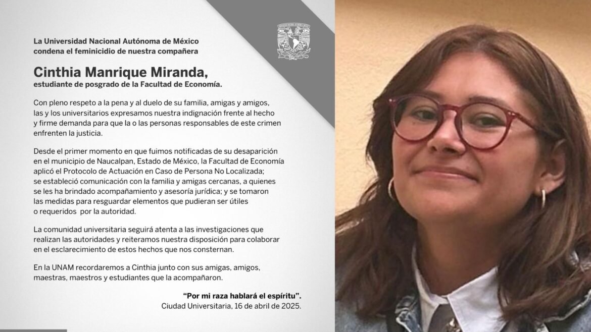 Hallan sin vida a Cinthia Manrique, estudiante de posgrado de la UNAM