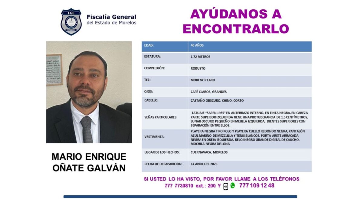 Funcioncionario de Morelos es reportado como desaparecido; Mario Enrique Oñate es director de normatividad de la Consejería Jurídica