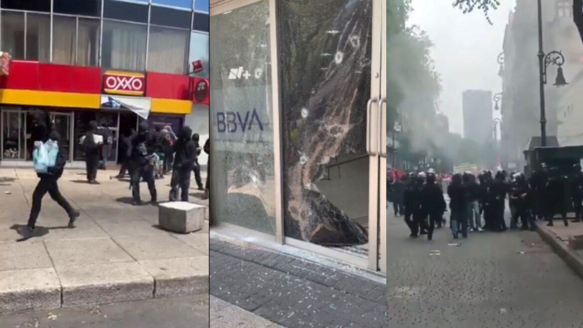 Encapuchados causan destrozos en CDMX durante marcha por Salarios Dignos en el Día del Trabajo