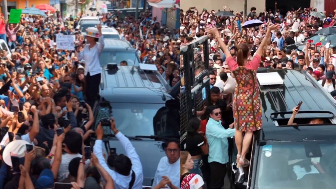 Sheinbaum realiza “hazaña” y se sube a la ventanilla de su camioneta para saludar al público en Veracruz