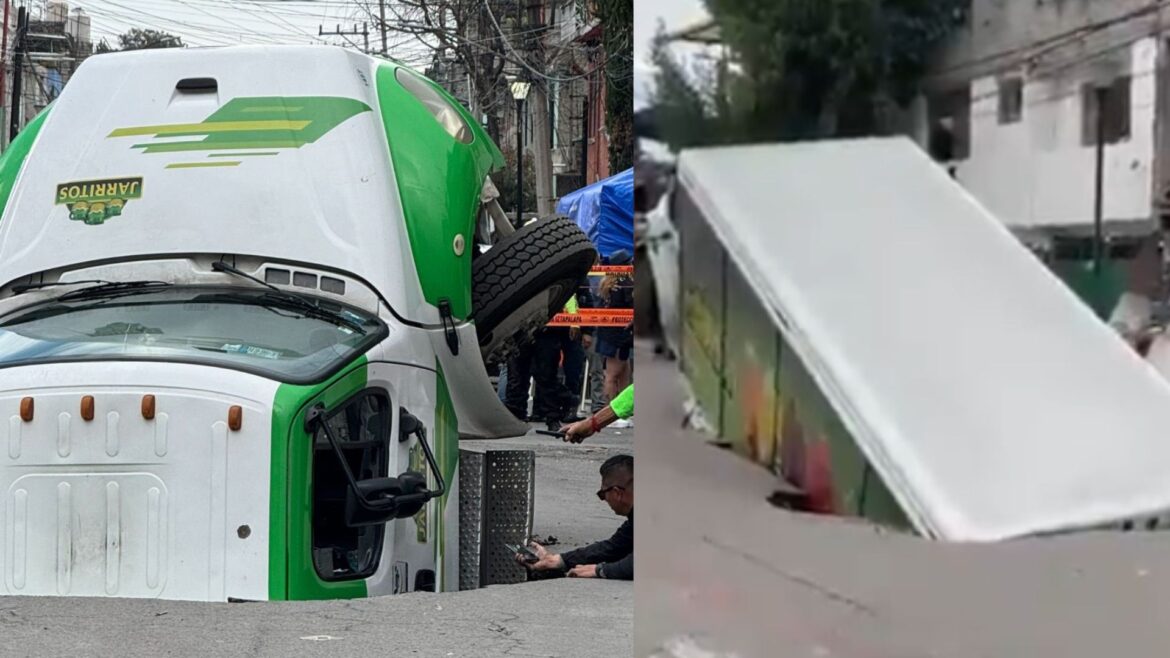 Camión cae en socavón en Iztapalapa; SEGIAGUA y Protección Civil atienden la emergencia