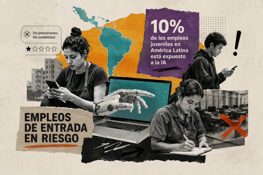 Collage editorial sobre empleo juvenil e inteligencia artificial en América Latina, con jóvenes trabajadores, un mapa regional, una computadora y elementos visuales que representan automatización y reducción de oportunidades de entrada.