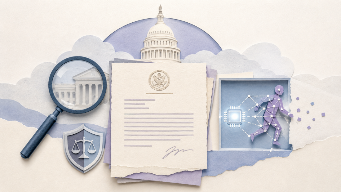 Collage editorial en tonos crema, azul y lavanda con el Capitolio de Estados Unidos, una carta oficial, una lupa y un agente de inteligencia artificial representado saliendo de un entorno de prueba, como símbolo de la supervisión del Congreso sobre incidentes de agentes de IA.