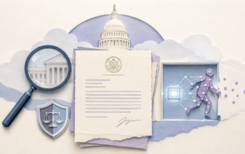 Collage editorial en tonos crema, azul y lavanda con el Capitolio de Estados Unidos, una carta oficial, una lupa y un agente de inteligencia artificial representado saliendo de un entorno de prueba, como símbolo de la supervisión del Congreso sobre incidentes de agentes de IA.