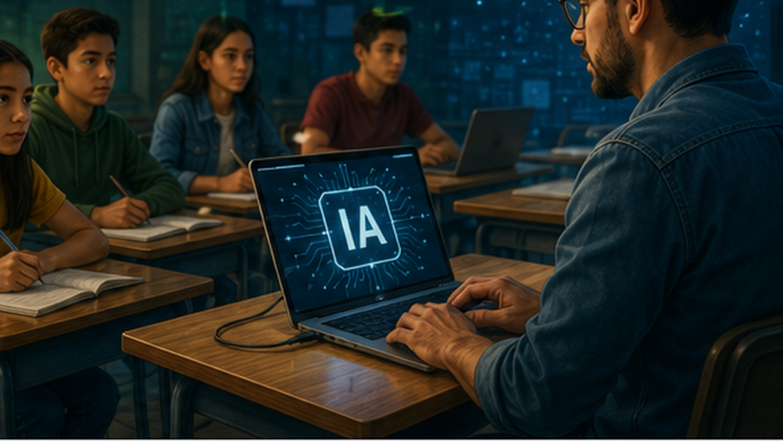 Docente frente a un grupo de estudiantes en un aula mientras utiliza una computadora con un símbolo de inteligencia artificial; la escena representa el reto de capacitar al magisterio mexicano para integrar la IA en la educación.