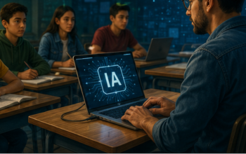 Docente frente a un grupo de estudiantes en un aula mientras utiliza una computadora con un símbolo de inteligencia artificial; la escena representa el reto de capacitar al magisterio mexicano para integrar la IA en la educación.