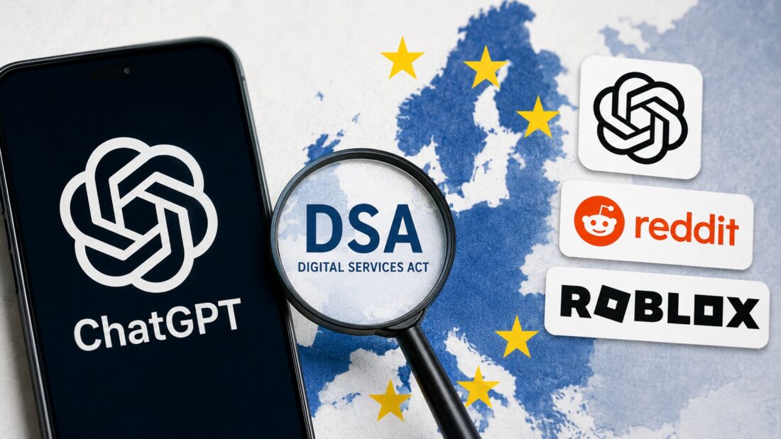 Collage editorial con un teléfono mostrando ChatGPT, un mapa de Europa con estrellas de la Unión Europea y referencias visuales al DSA, Reddit y Roblox.