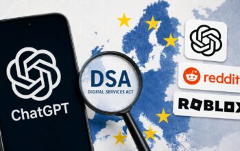Collage editorial con un teléfono mostrando ChatGPT, un mapa de Europa con estrellas de la Unión Europea y referencias visuales al DSA, Reddit y Roblox.