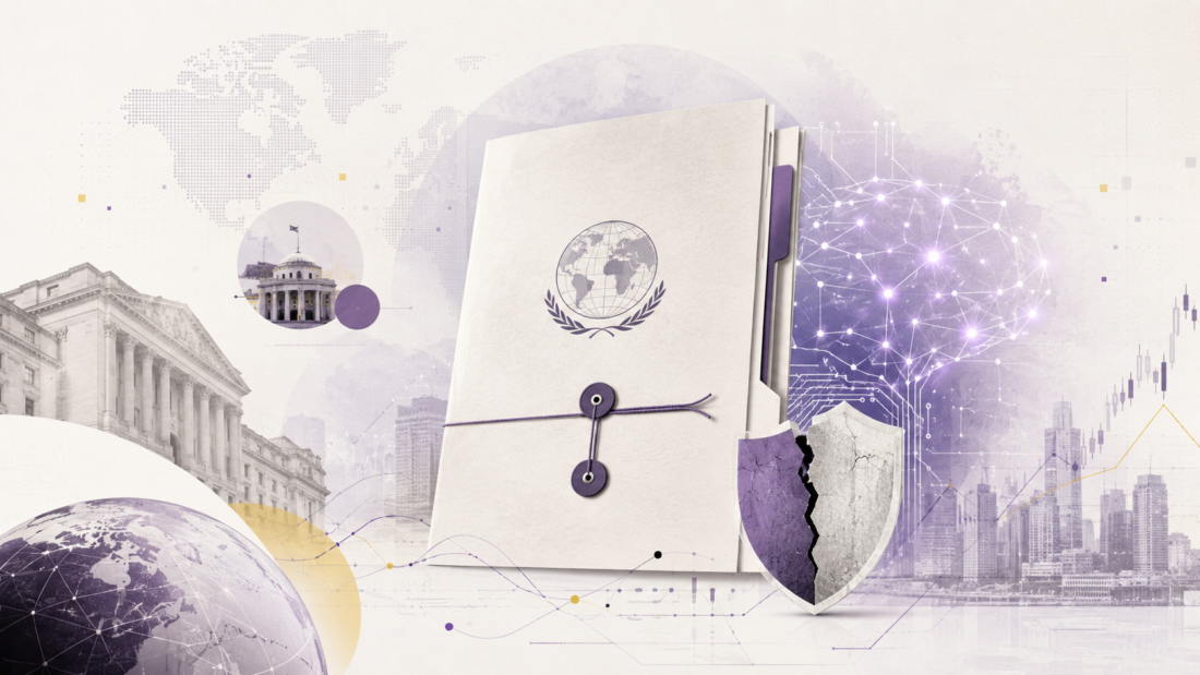 Collage editorial sobre estabilidad financiera e inteligencia artificial, con documentos, redes digitales, edificios financieros, un escudo agrietado y gráficos de mercado.