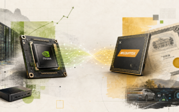 Collage editorial con chips de Nvidia y MediaTek conectados entre sí, servidores de centros de datos, elementos financieros y una interfaz automotriz, sobre un fondo claro con acentos verdes y amarillos.