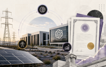 Collage editorial con un centro de datos, infraestructura eléctrica y renovable, documentos financieros y el logotipo de OpenAI, que representa la relación entre cómputo, energía y financiamiento de infraestructura de IA.