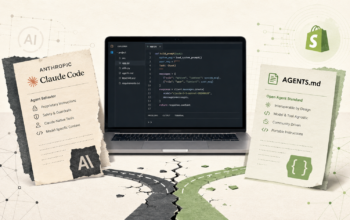 Collage editorial con una laptop de programación entre documentos que representan Claude Code y AGENTS.md, con el logotipo de Shopify al fondo y caminos divergentes que simbolizan la disputa por estándares de agentes de IA.